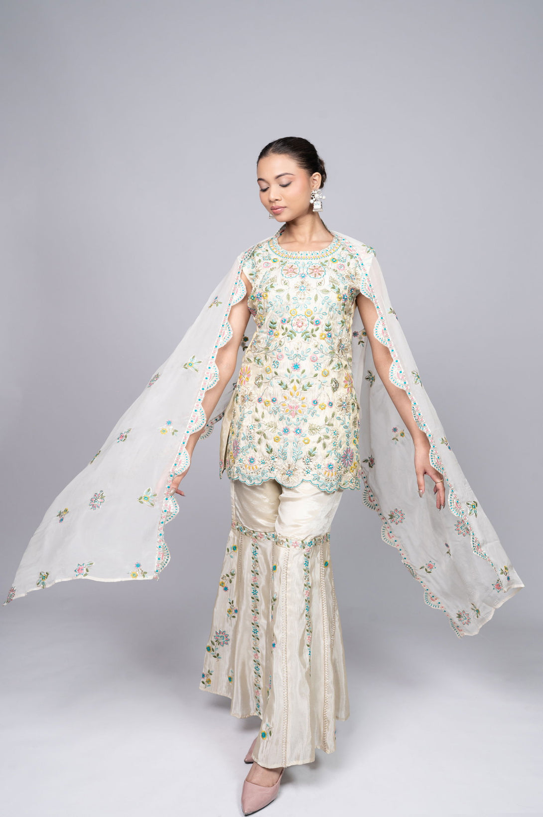 Ivory Cream White Crepe Garara Set with Pearl Embroidery - Mayrake.in