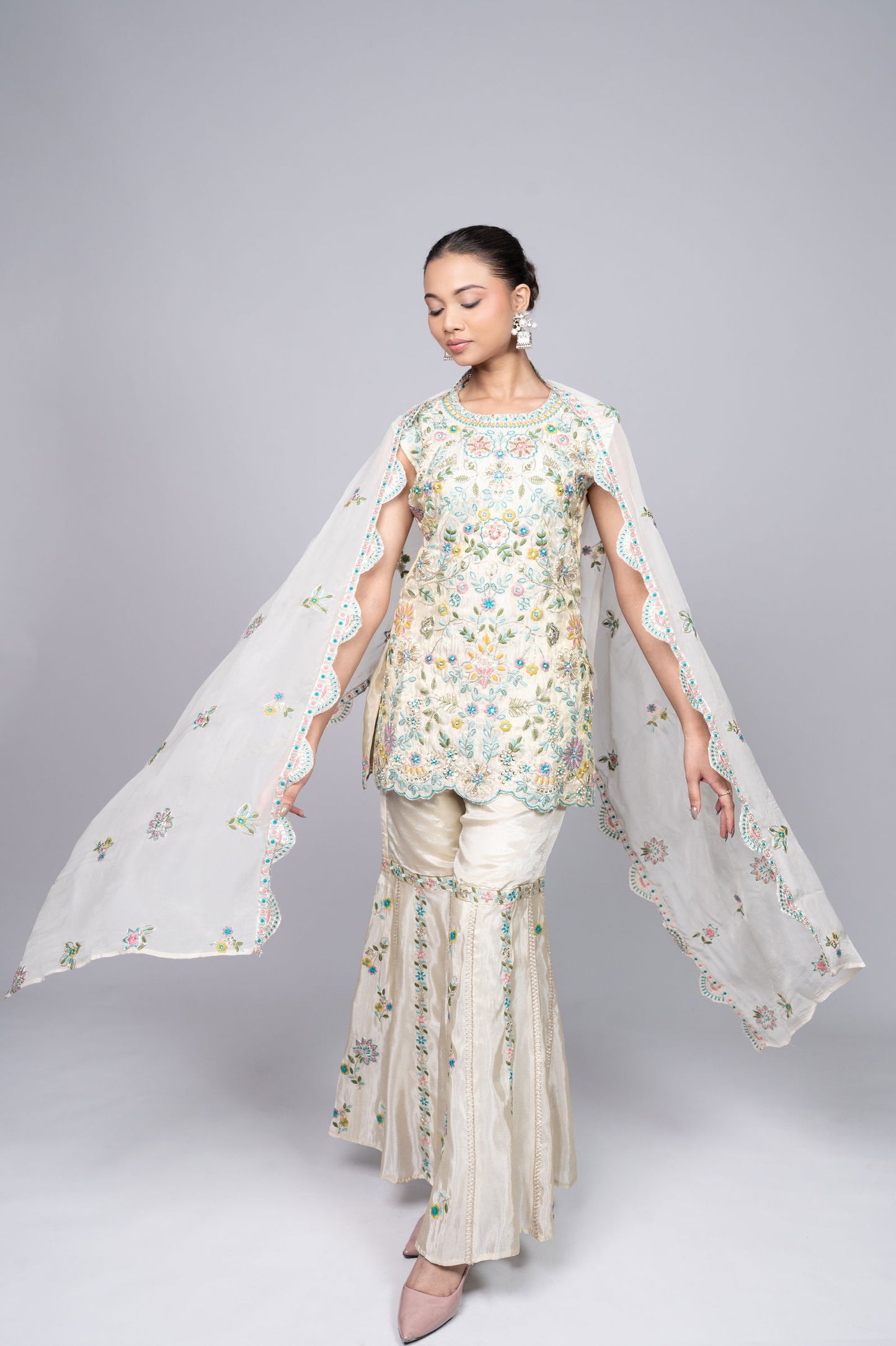 Ivory Cream White Crepe Garara Set with Pearl Embroidery - Mayrake.in