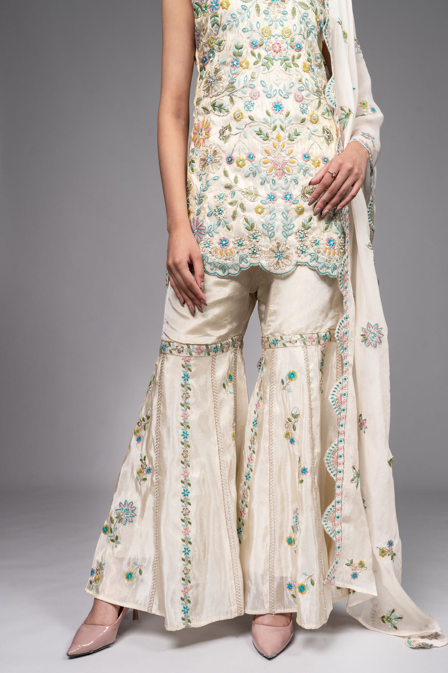 Ivory Cream White Crepe Garara Set with Pearl Embroidery - Mayrake.in