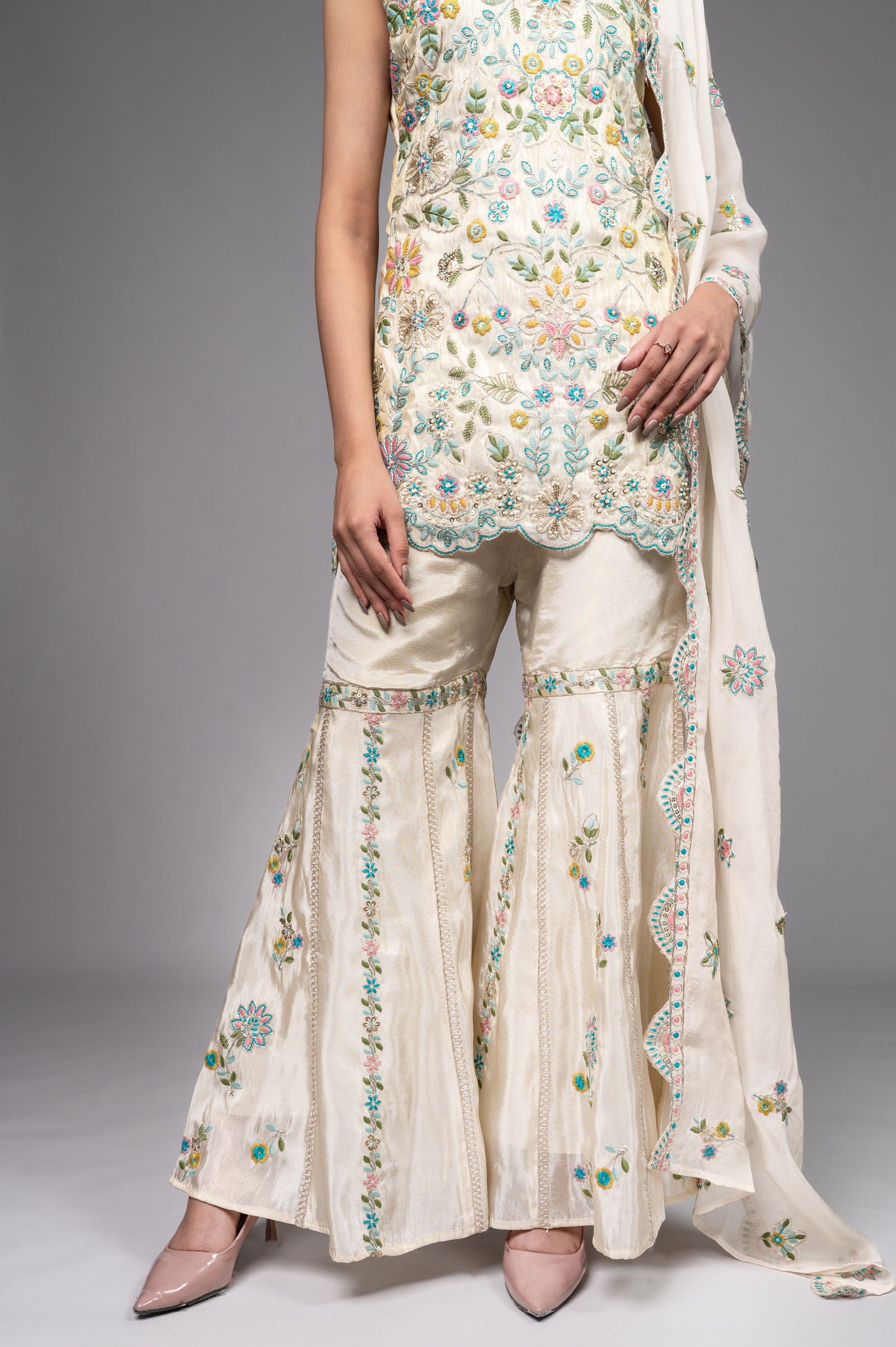 Ivory Cream White Crepe Garara Set with Pearl Embroidery - Mayrake.in