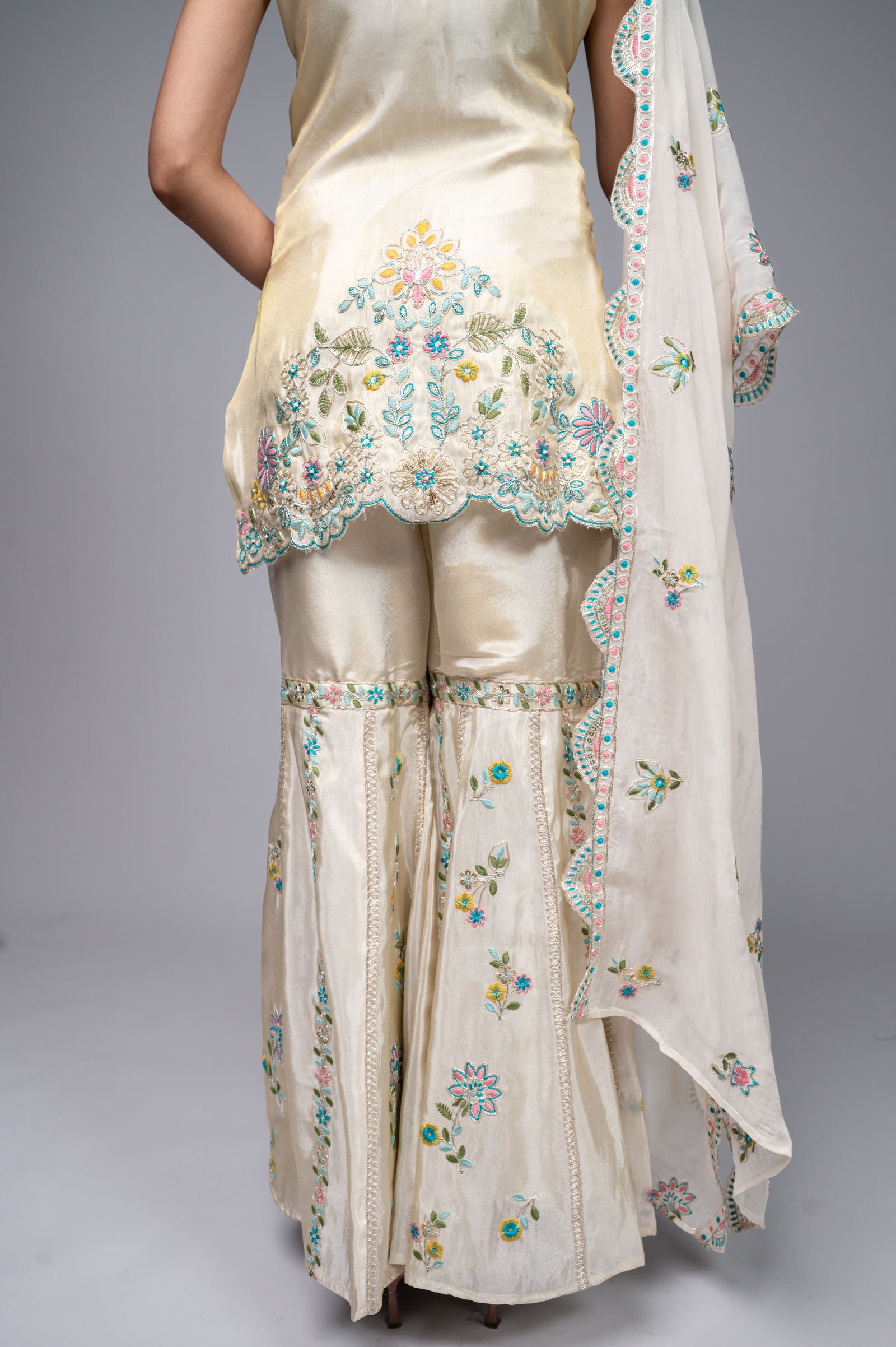 Ivory Cream White Crepe Garara Set with Pearl Embroidery - Mayrake.in