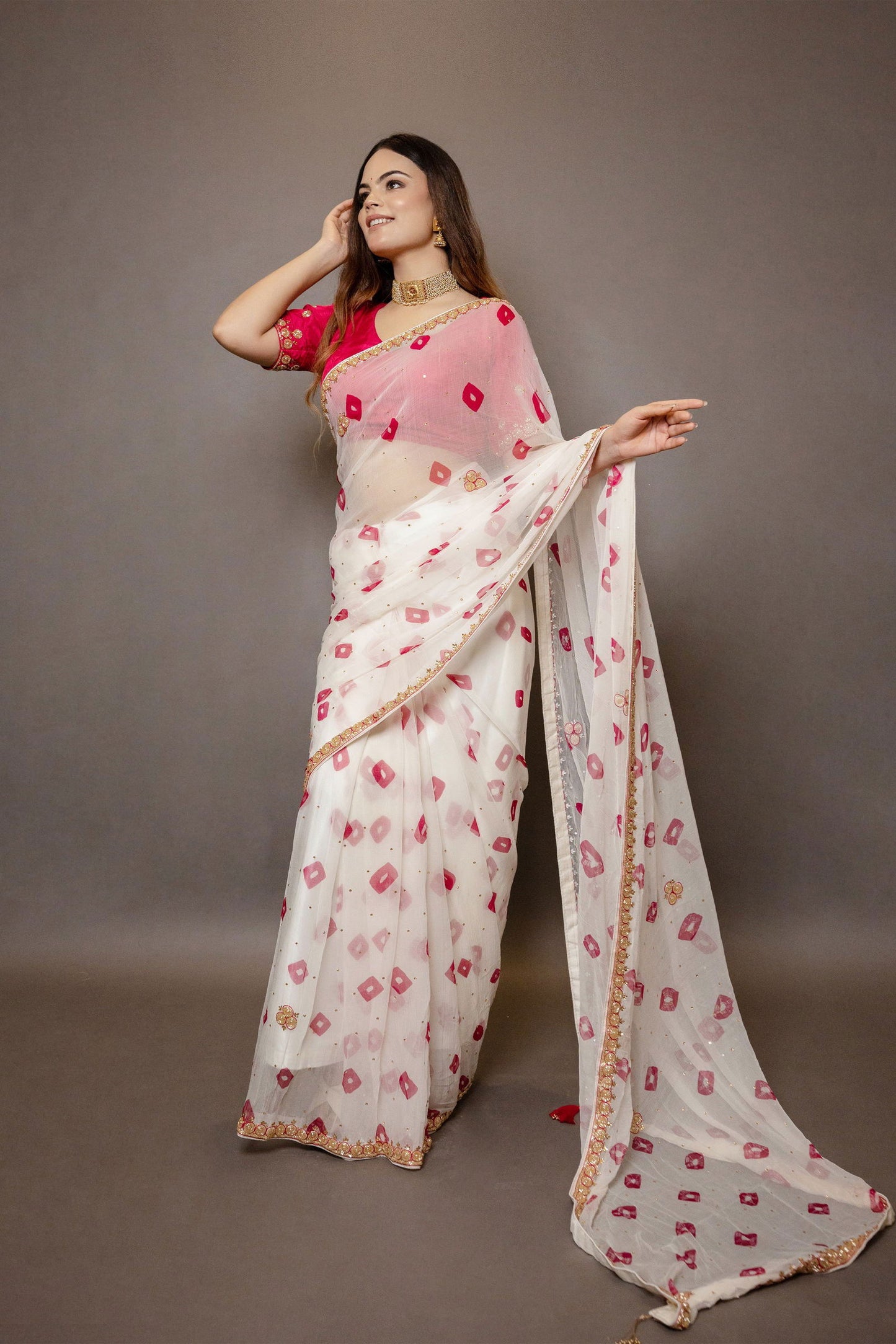 Ivory Cream and Pink Chiffon Saree with Sequin Handwork with Stiched Blouse - Mayrake.in