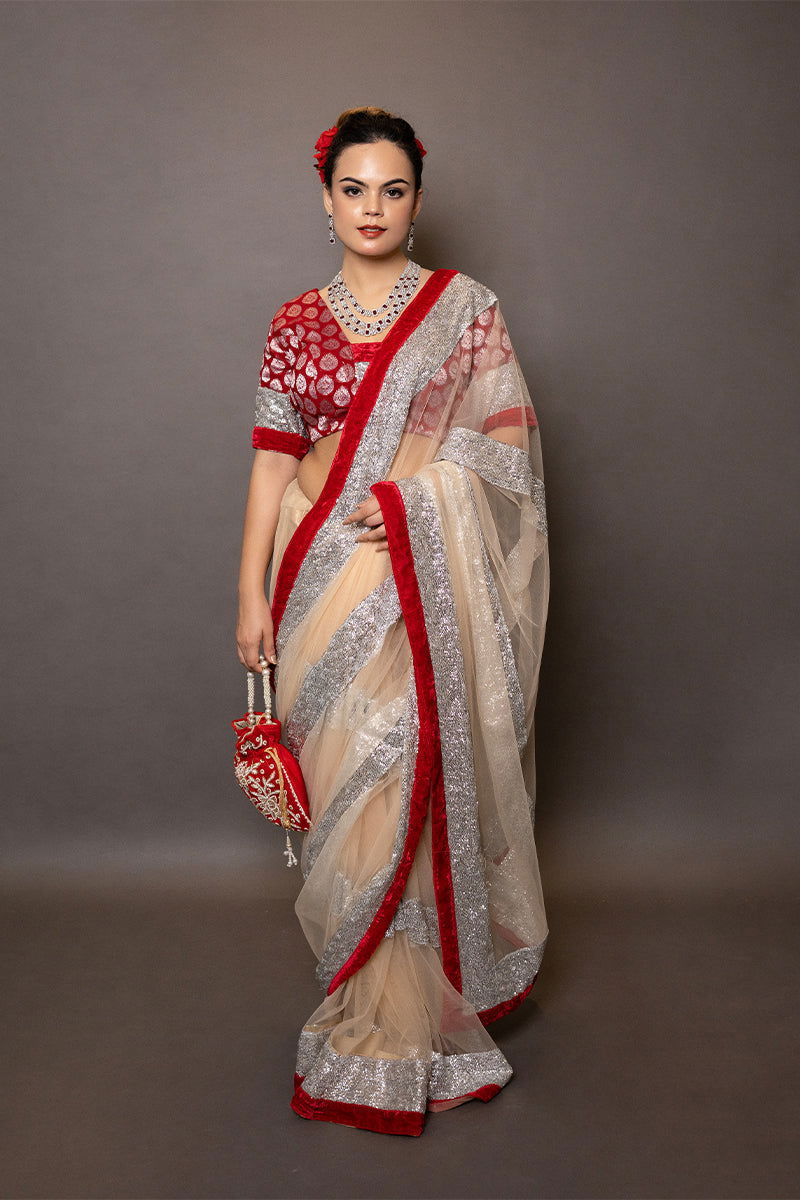 Ivory Golden Net Saree With Sequin Work with Stitched Blouse - Mayrake.in