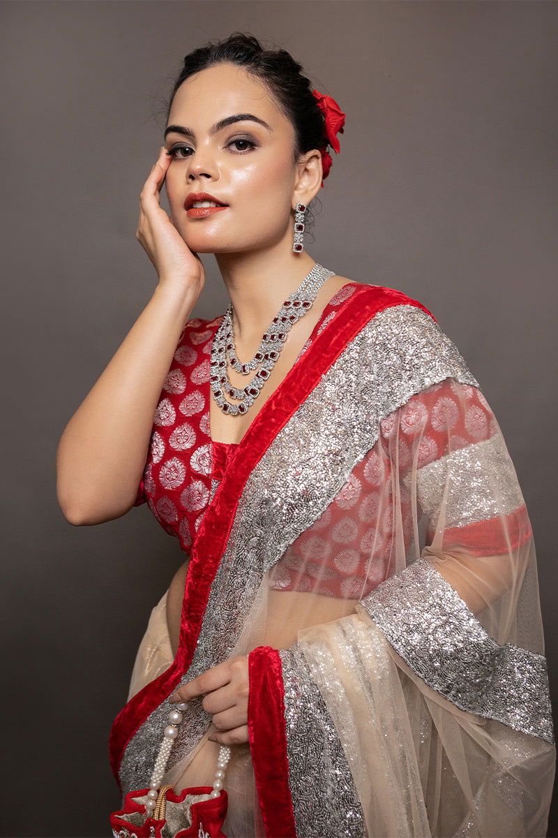 Ivory Golden Net Saree With Sequin Work with Stitched Blouse - Mayrake.in