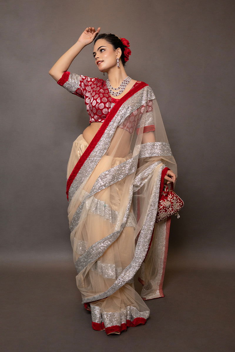 Ivory Golden Net Saree With Sequin Work with Stitched Blouse - Mayrake.in