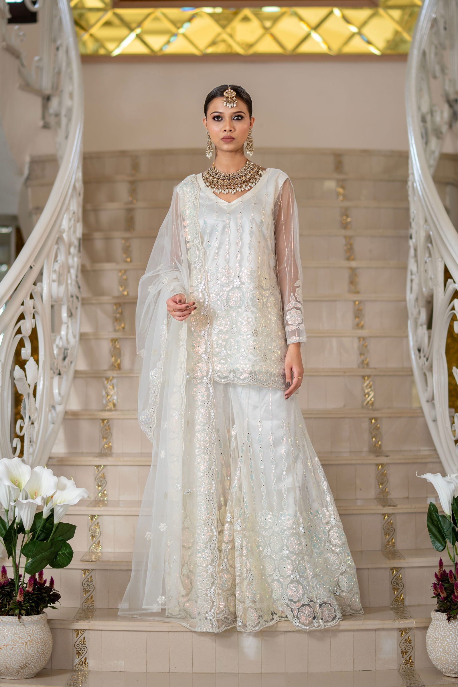 Ivory Pearl White Super Net Full Sleeve Kurta With Flared  Palazzo Sets - Mayrake.in