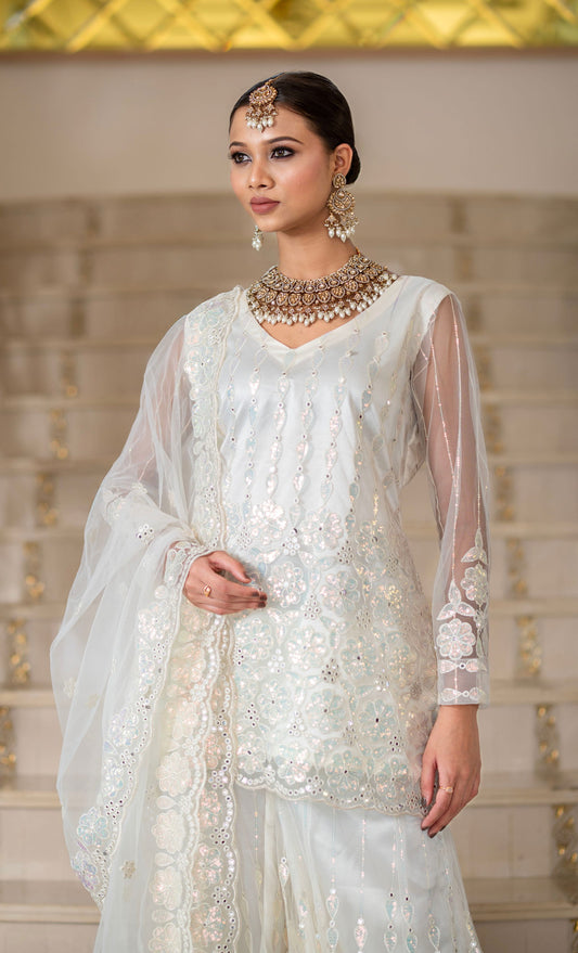Ivory Pearl White Super Net Full Sleeve Kurta With Flared  Palazzo Sets - Mayrake.in