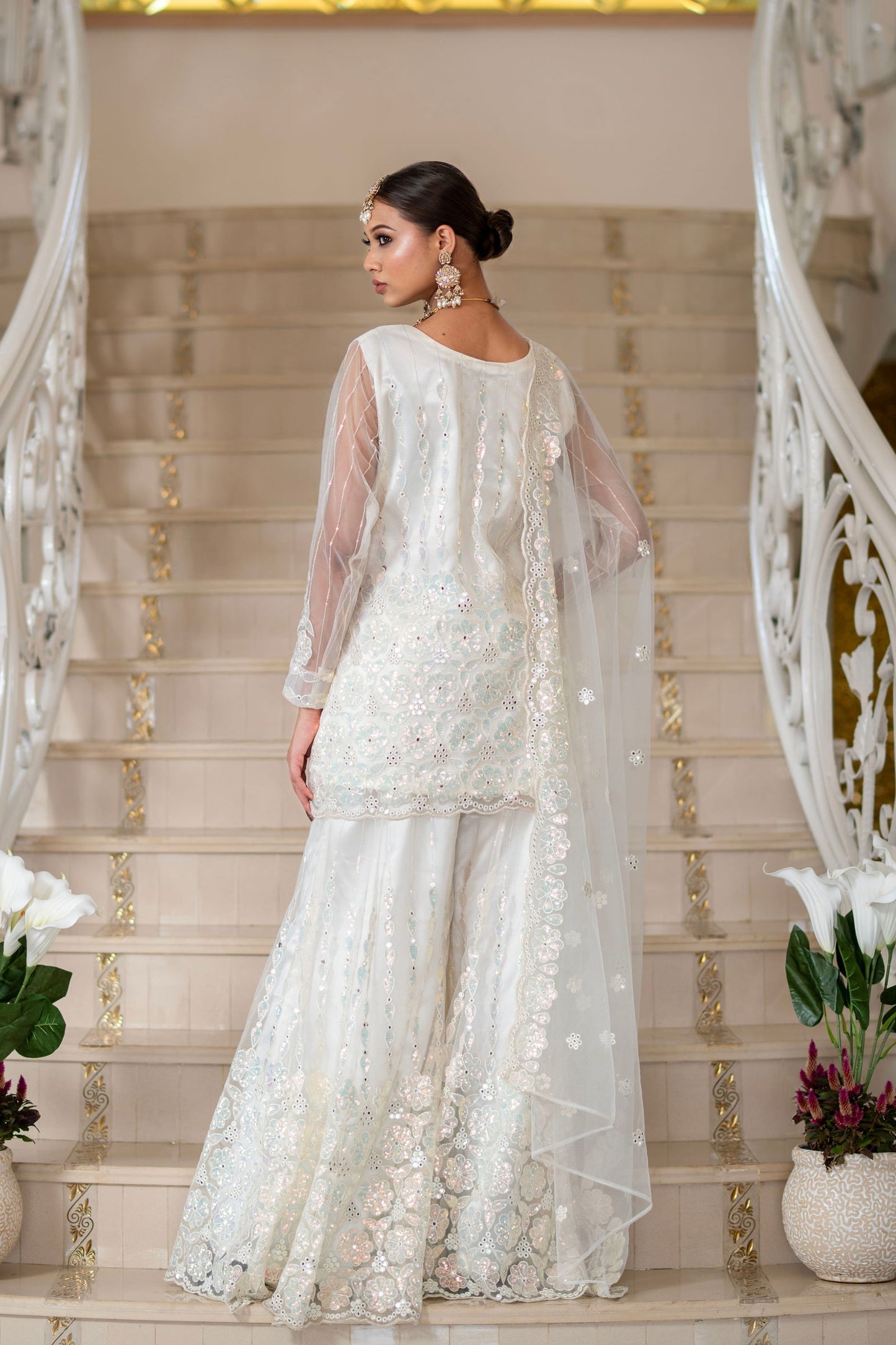 Ivory Pearl White Super Net Full Sleeve Kurta With Flared  Palazzo Sets - Mayrake.in