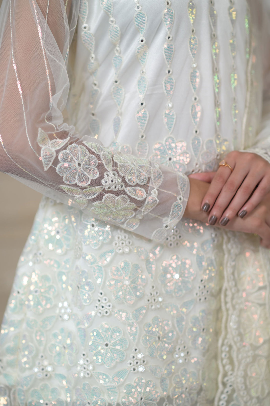 Ivory Pearl White Super Net Full Sleeve Kurta With Flared  Palazzo Sets - Mayrake.in