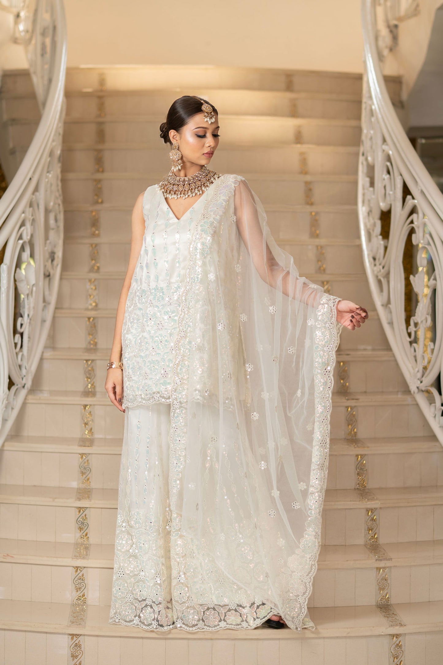 Ivory Pearl White Super Net Sleeveless  Kurta With Flared Palazzo Set - Mayrake.in