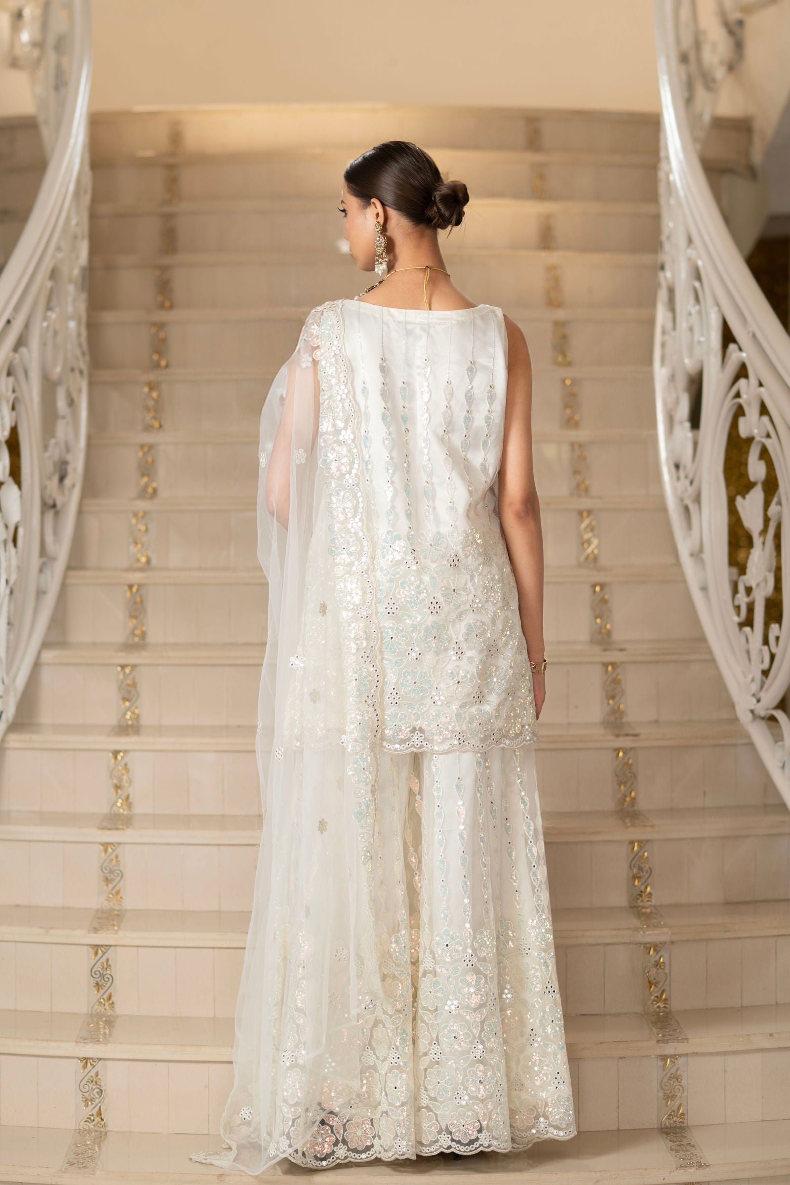 Ivory Pearl White Super Net Sleeveless  Kurta With Flared Palazzo Set - Mayrake.in