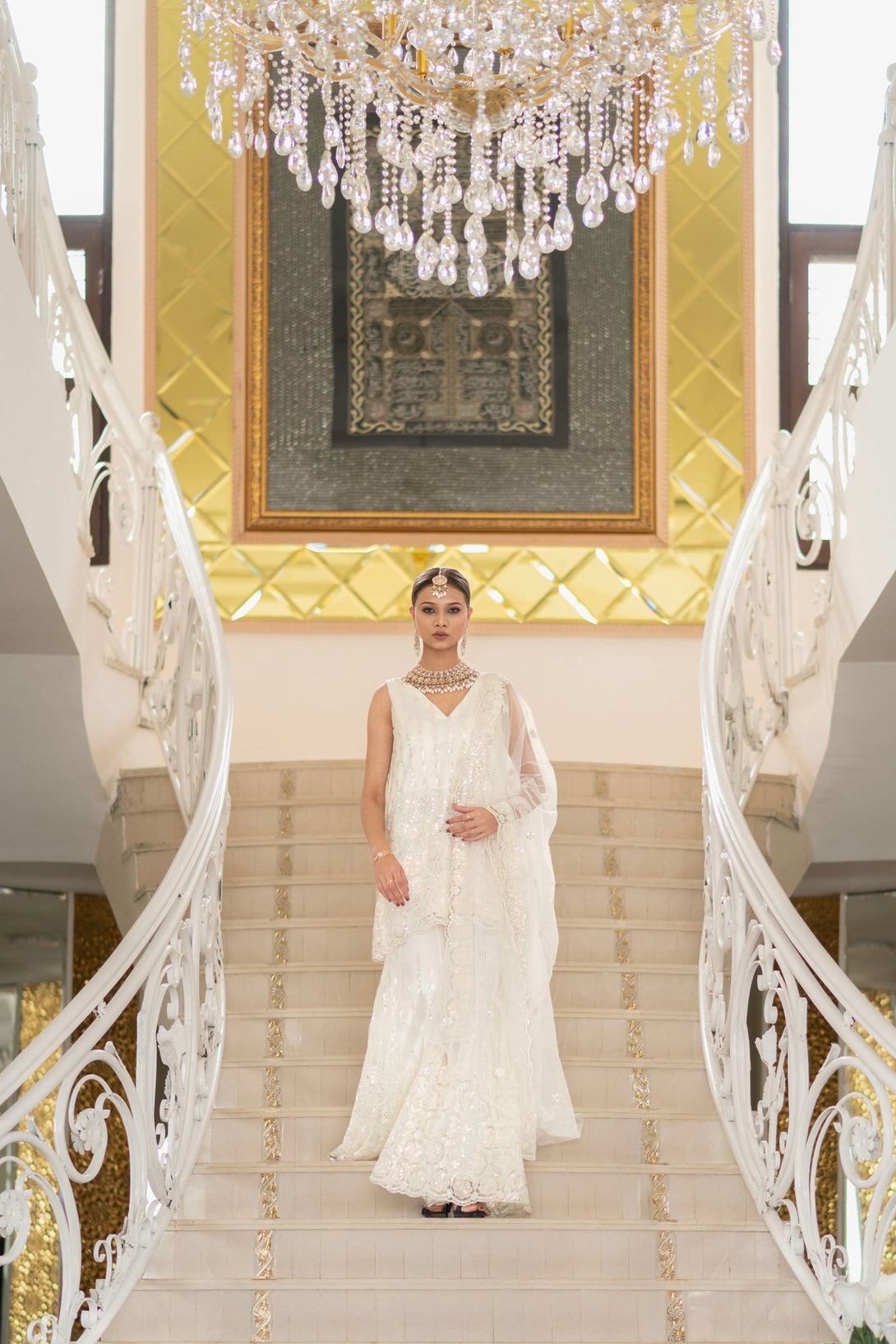 Ivory Pearl White Super Net Sleeveless  Kurta With Flared Palazzo Set - Mayrake.in