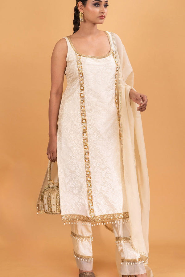 Ivory White Brocade Suit With Hanging Tassel Pant - Mayrake.in