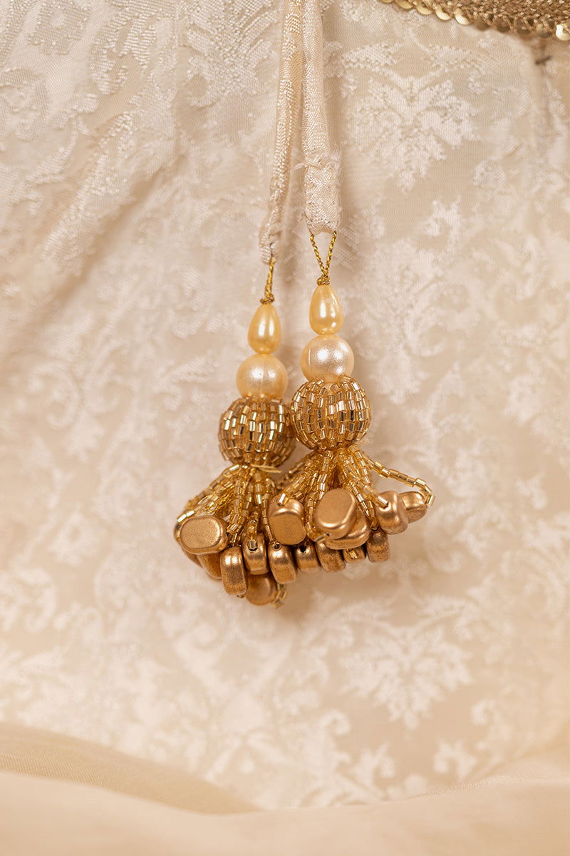 Ivory White Brocade Suit With Hanging Tassel Pant - Mayrake.in