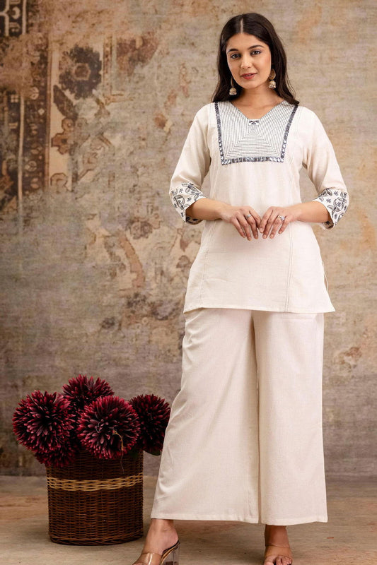 Ivory White Cord Set with Front Yoke Grey Color Embroidery - Mayrake.in