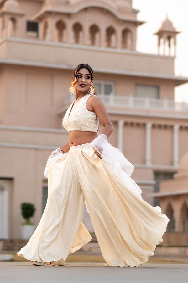 Ivory White Crepe Palazzo Pants with Embroidered Crop Top and Dupatta - Mayrake - 