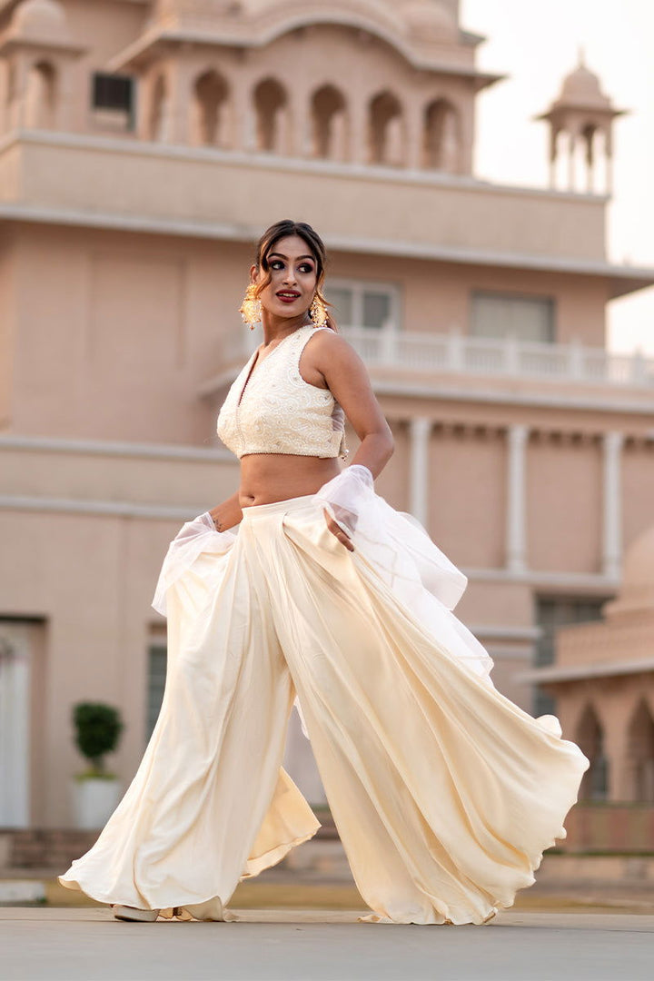 Ivory White Crepe Palazzo Pants with Embroidered Crop Top and Dupatta - Mayrake - 