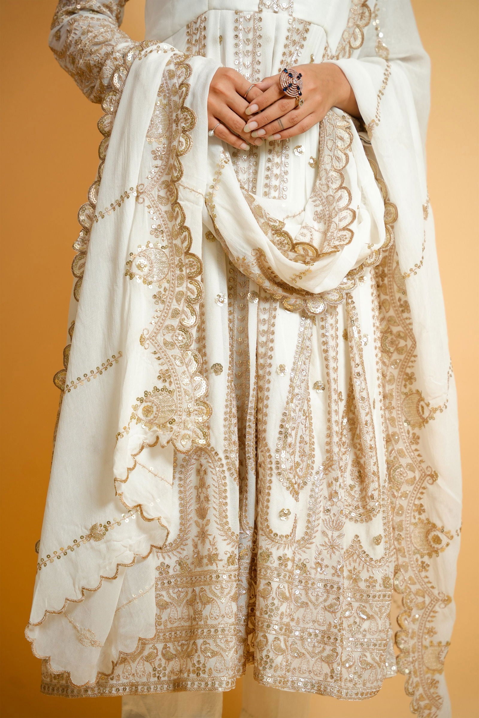 Ivory White Heavy Zari Embroidered Anarkali - Mayrake.in
