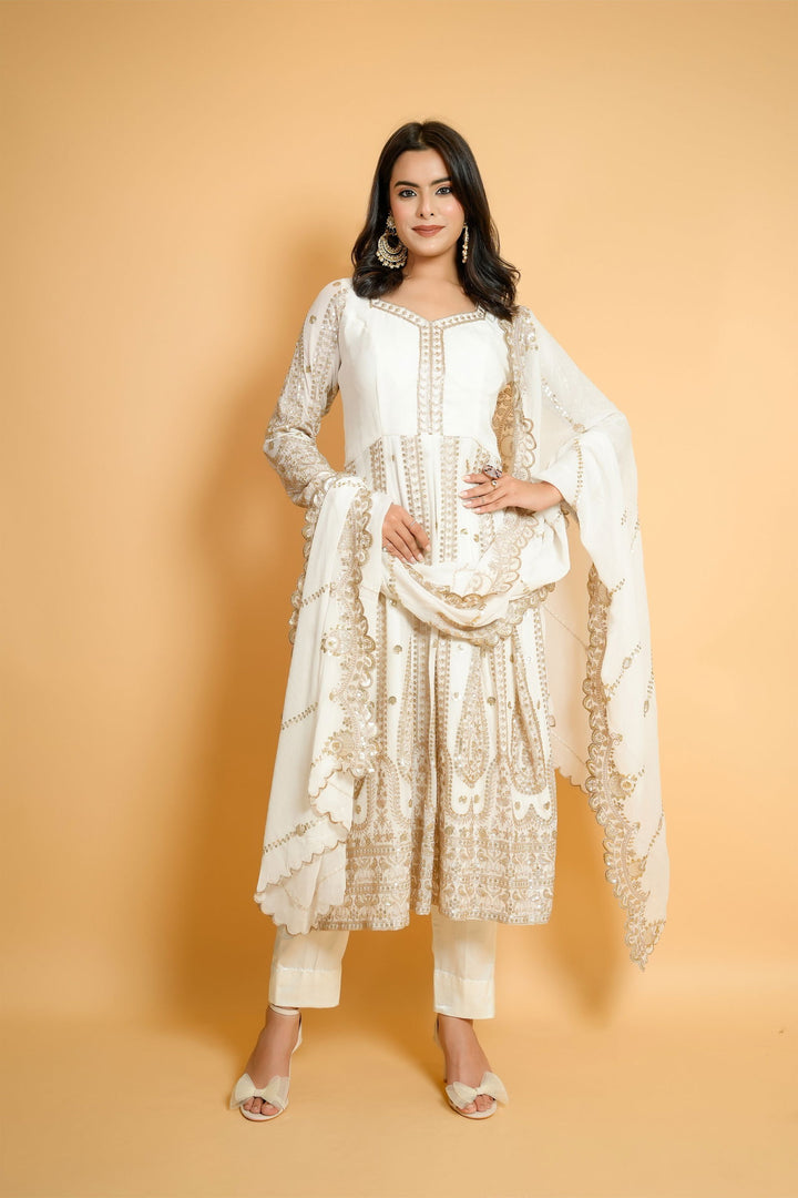 Ivory White Heavy Zari Embroidered Anarkali with Matching Pants and Dupatta - Mayrake