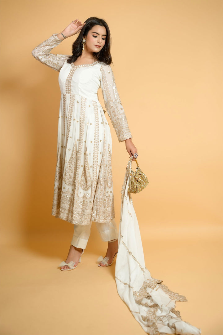 Ivory White Heavy Zari Embroidered Anarkali with Matching Pants and Dupatta - Mayrake