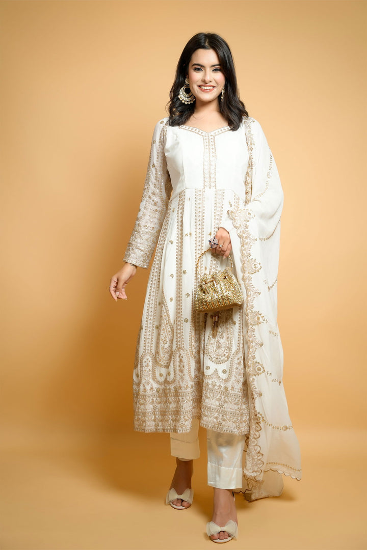 Ivory White Heavy Zari Embroidered Anarkali with Matching Pants and Dupatta - Mayrake
