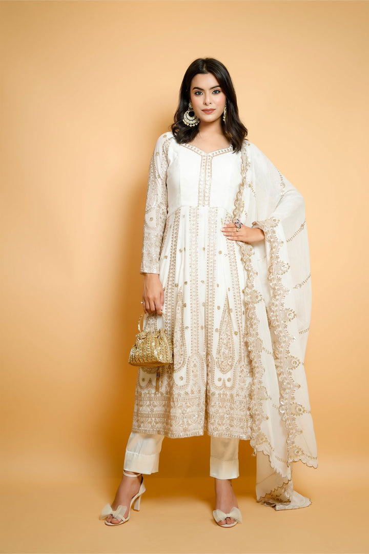Ivory White Heavy Zari Embroidered Anarkali with Matching Pants and Dupatta - Mayrake