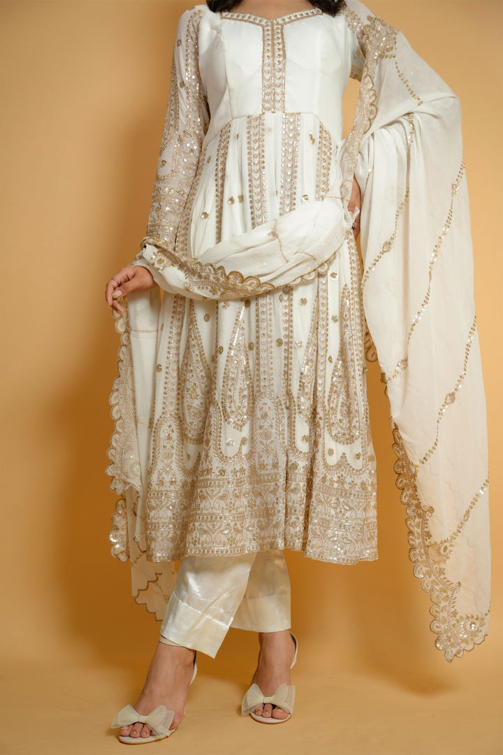 Ivory White Heavy Zari Embroidered Anarkali with Matching Pants and Dupatta - Mayrake
