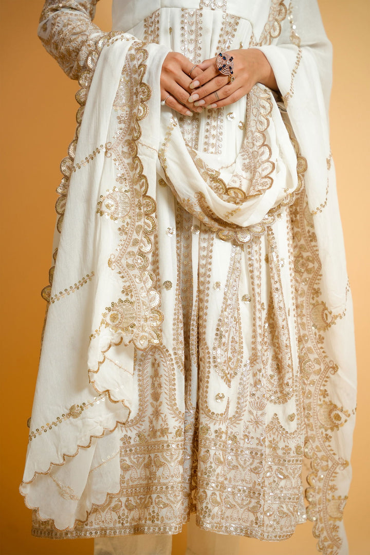 Ivory White Heavy Zari Embroidered Anarkali with Matching Pants and Dupatta - Mayrake
