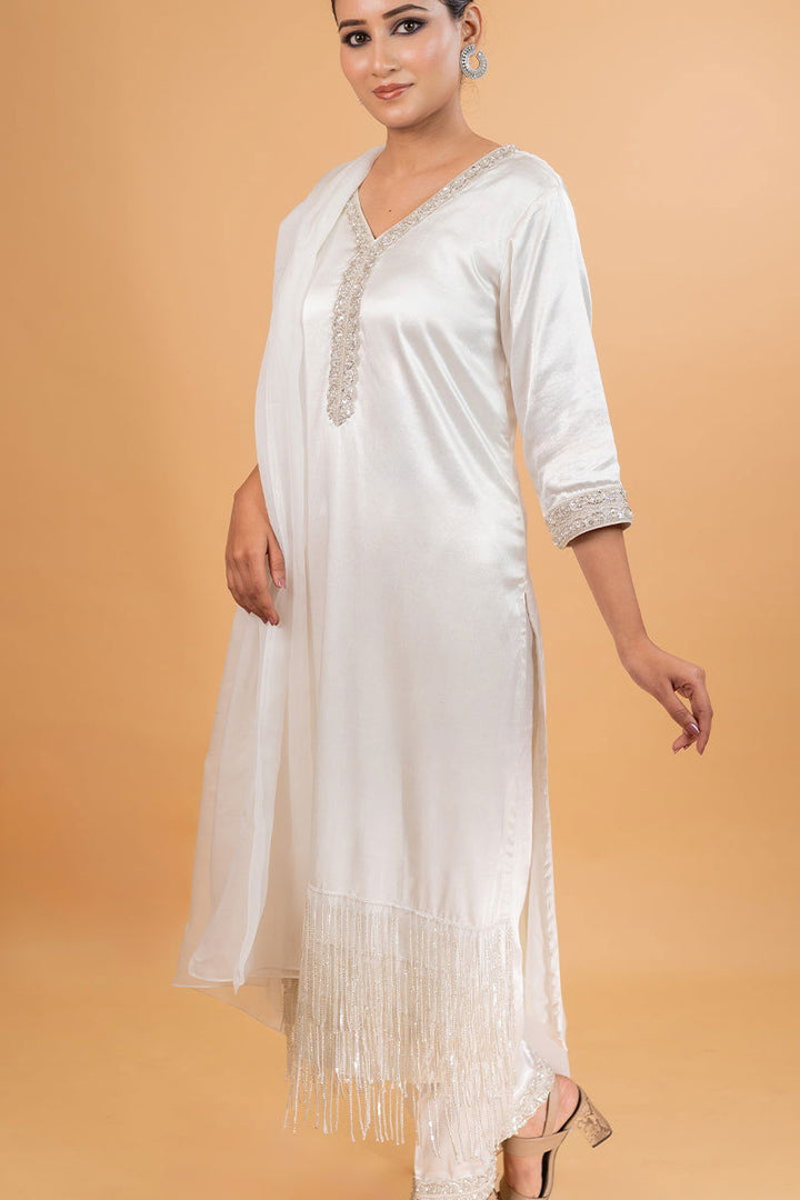 Ivory White Long Suit with Hanging Tassels Kurta - Mayrake.in