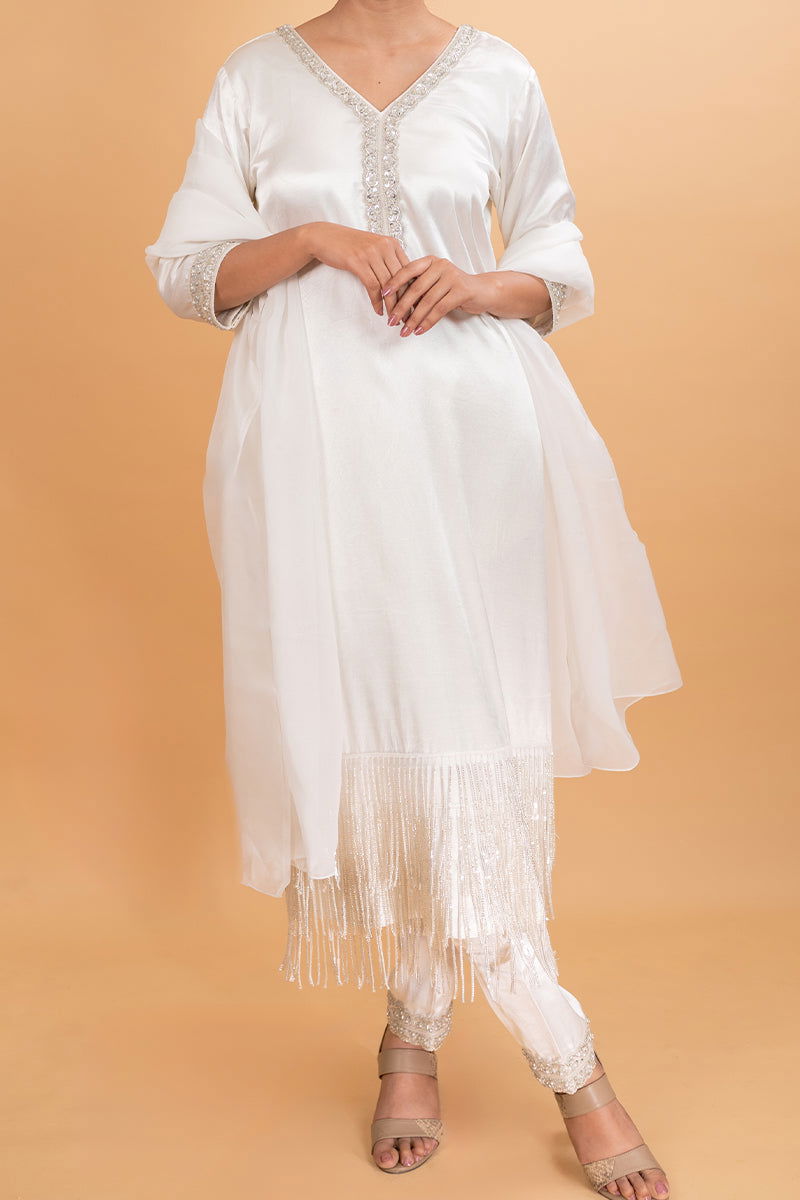 Ivory White Long Suit with Hanging Tassels Kurta - Mayrake.in