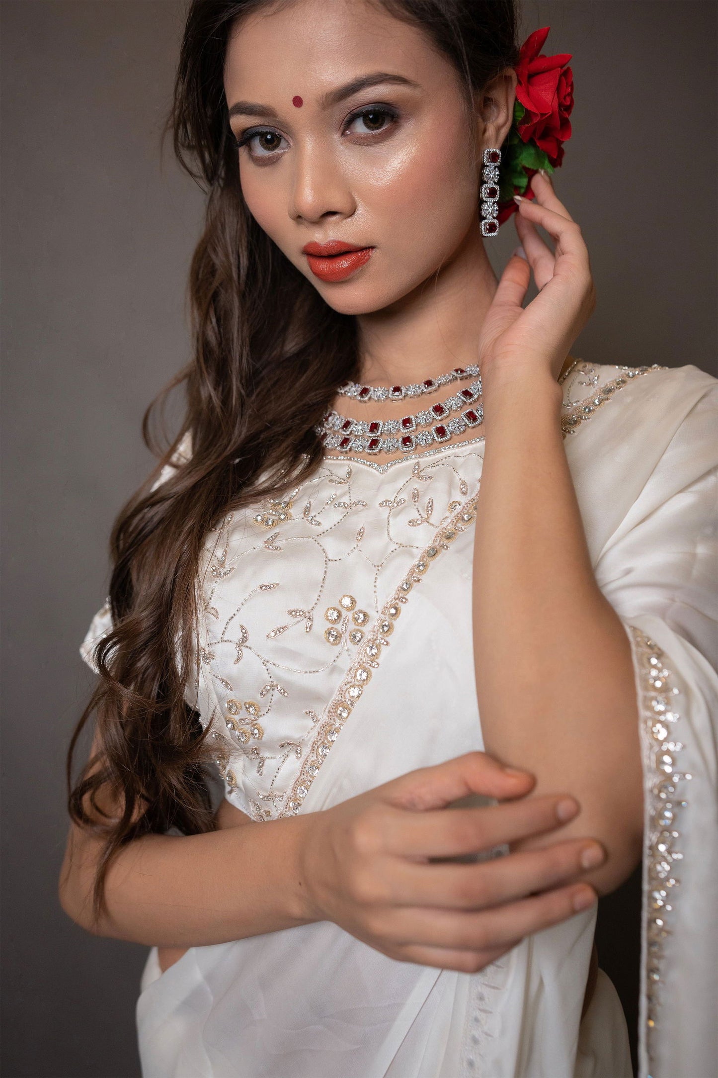 Ivory White Satin Saree with Swarovski Stones - Mayrake.in