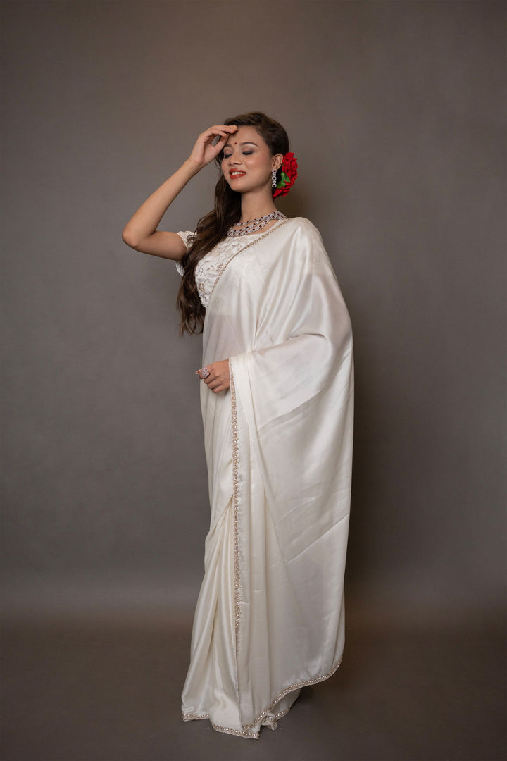 Ivory White Satin Saree with Swarovski Stones and Heavily Embellished Blouse - Mayrake