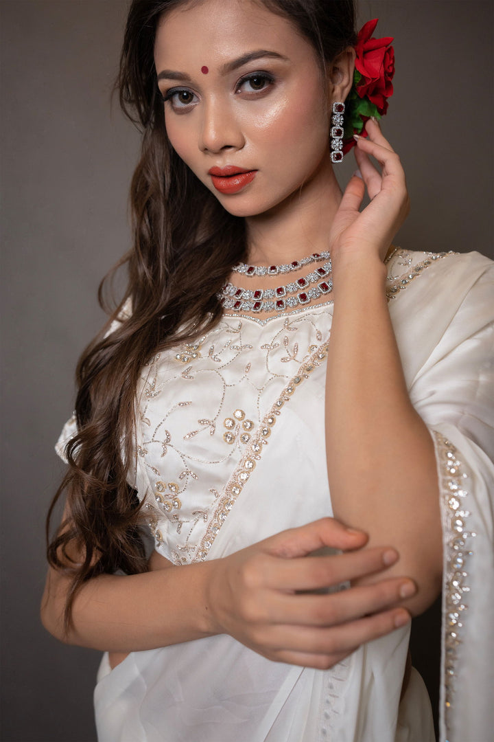 Ivory White Satin Saree with Swarovski Stones and Heavily Embellished Blouse - Mayrake