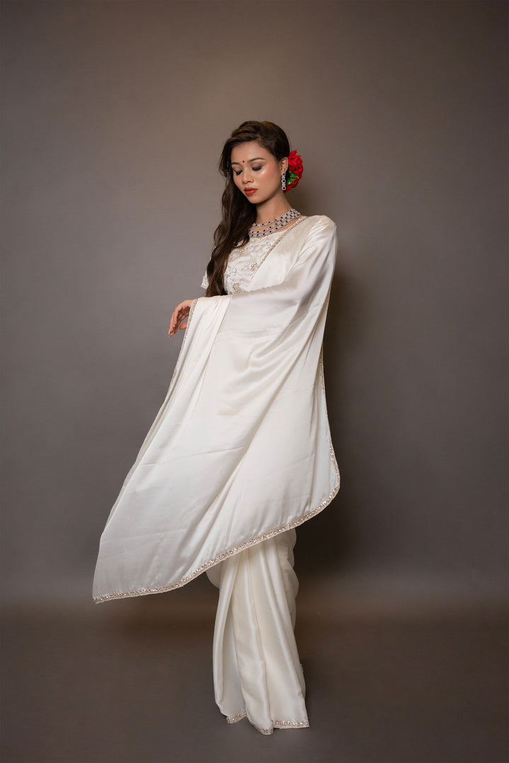 Ivory White Satin Saree with Swarovski Stones and Heavily Embellished Blouse - Mayrake