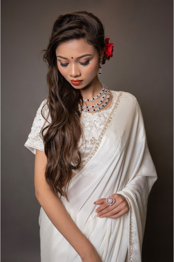 Ivory White Satin Saree with Swarovski Stones and Heavily Embellished Blouse - Mayrake