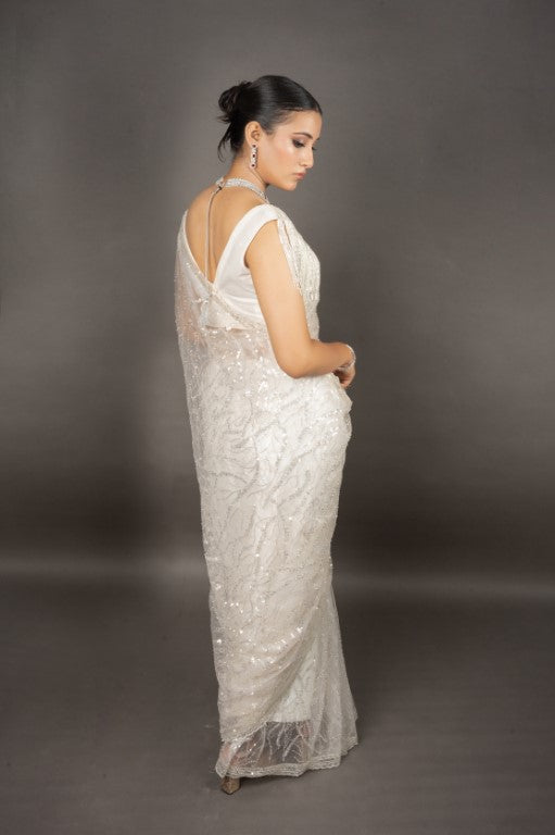 Ivory White Super Net Saree Sequined Handwork - Mayrake.in