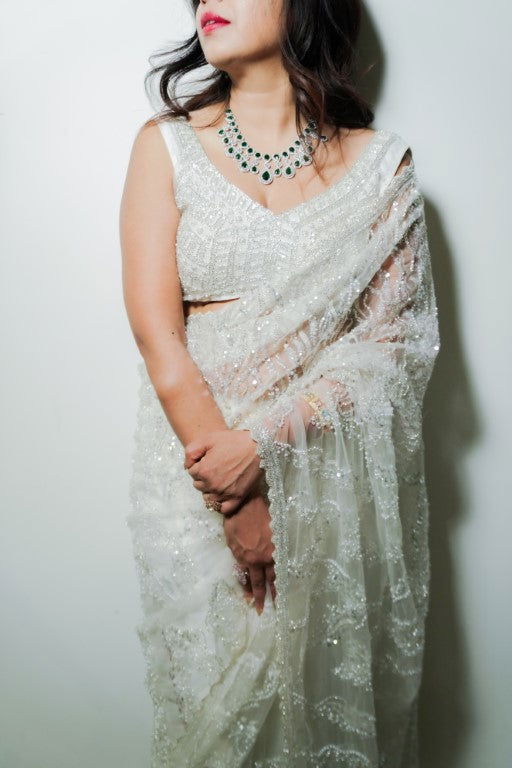 Ivory White Super Net Saree with Pearl and Swarovski Work - Mayrake.in