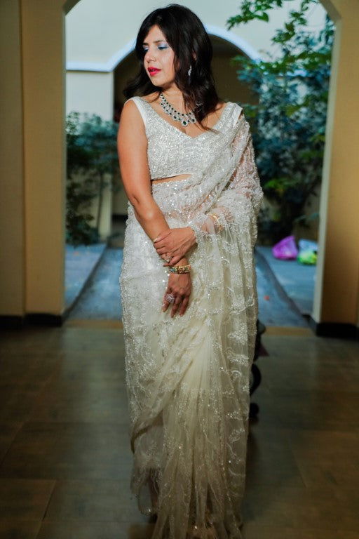 Ivory White Super Net Saree with Pearl and Swarovski Work - Mayrake.in