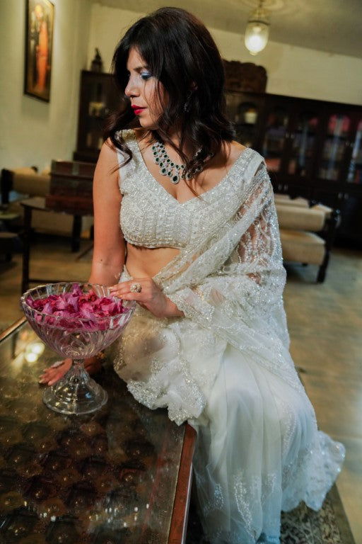 Ivory White Super Net Saree with Pearl and Swarovski Work - Mayrake.in