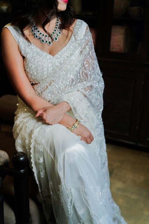Ivory White Super Net Saree with Pearl and Swarovski Work - Mayrake.in