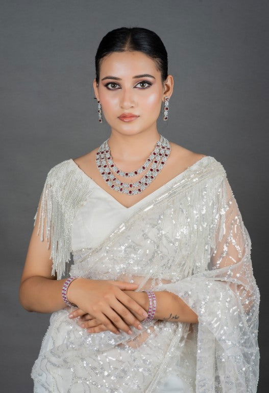 Ivory White Super Net Saree with Pearl and Swarovski Work with Designer Blouse - Mayrake