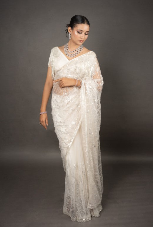 Ivory White Super Net Saree with Pearl and Swarovski Work with Designer Blouse - Mayrake