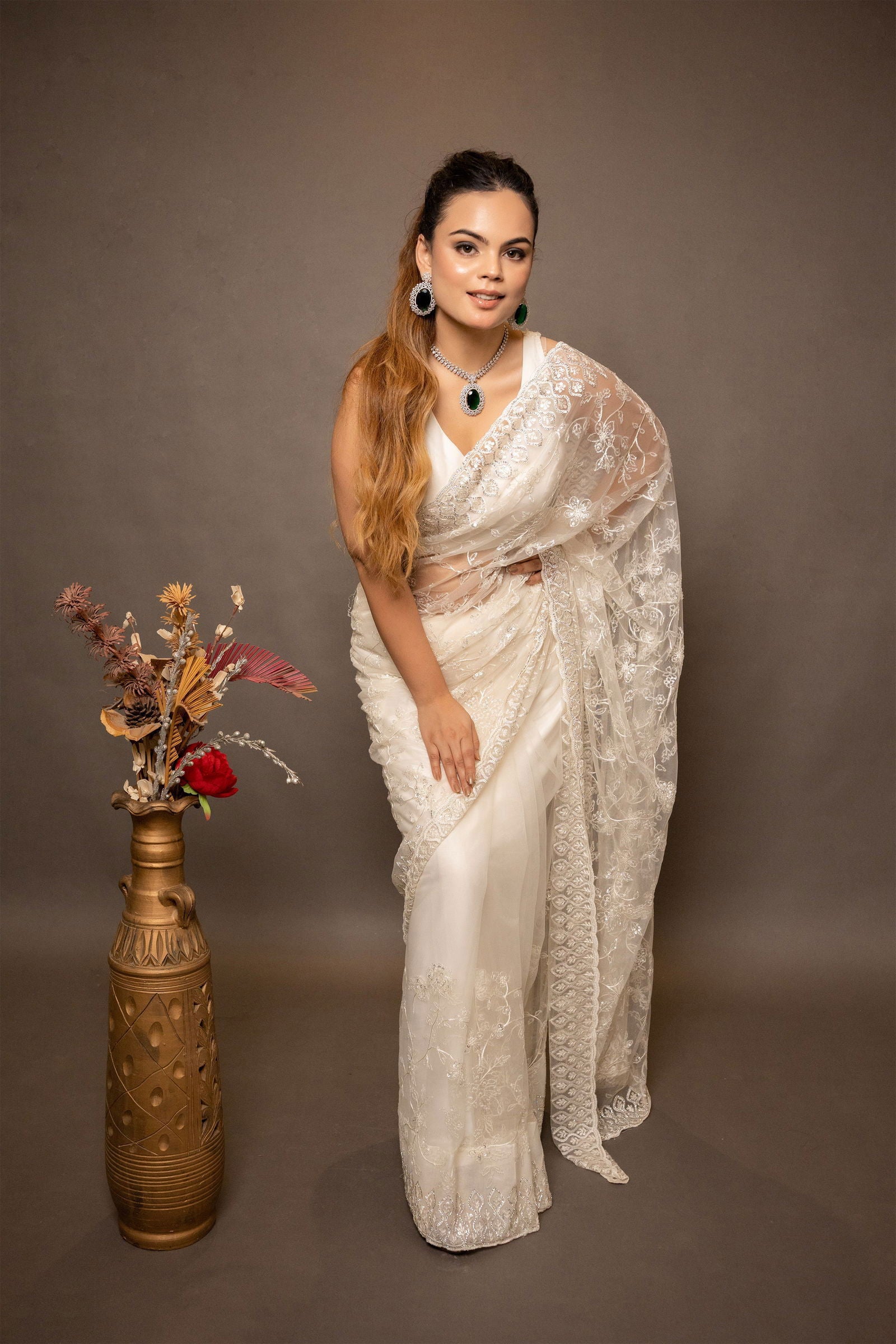 Ivory White Super Net Saree with Swarovski Border - Mayrake.in