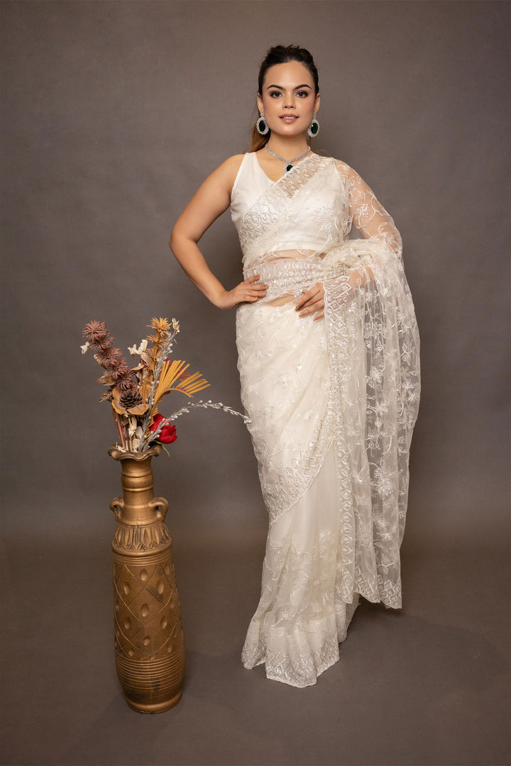 Ivory White Super Net Saree with thread Work, Swarovski Border, and Detailed Blouse - Mayrake