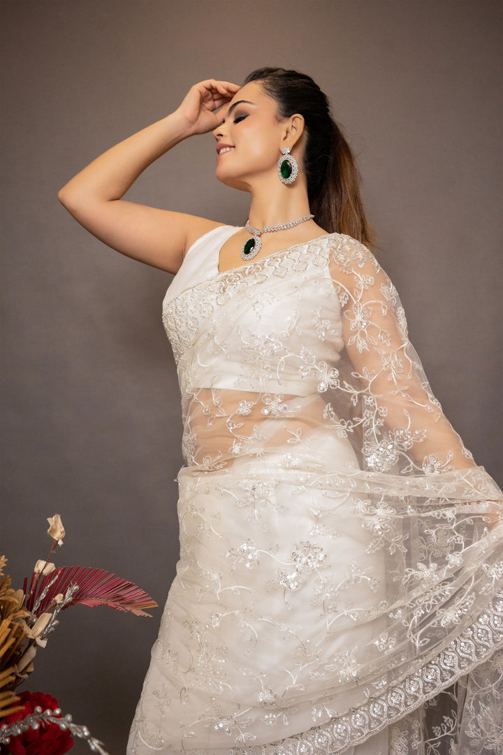 Ivory White Super Net Saree with thread Work, Swarovski Border, and Detailed Blouse - Mayrake