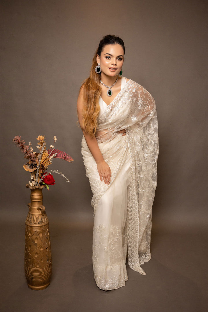 Ivory White Super Net Saree with thread Work, Swarovski Border, and Detailed Blouse - Mayrake
