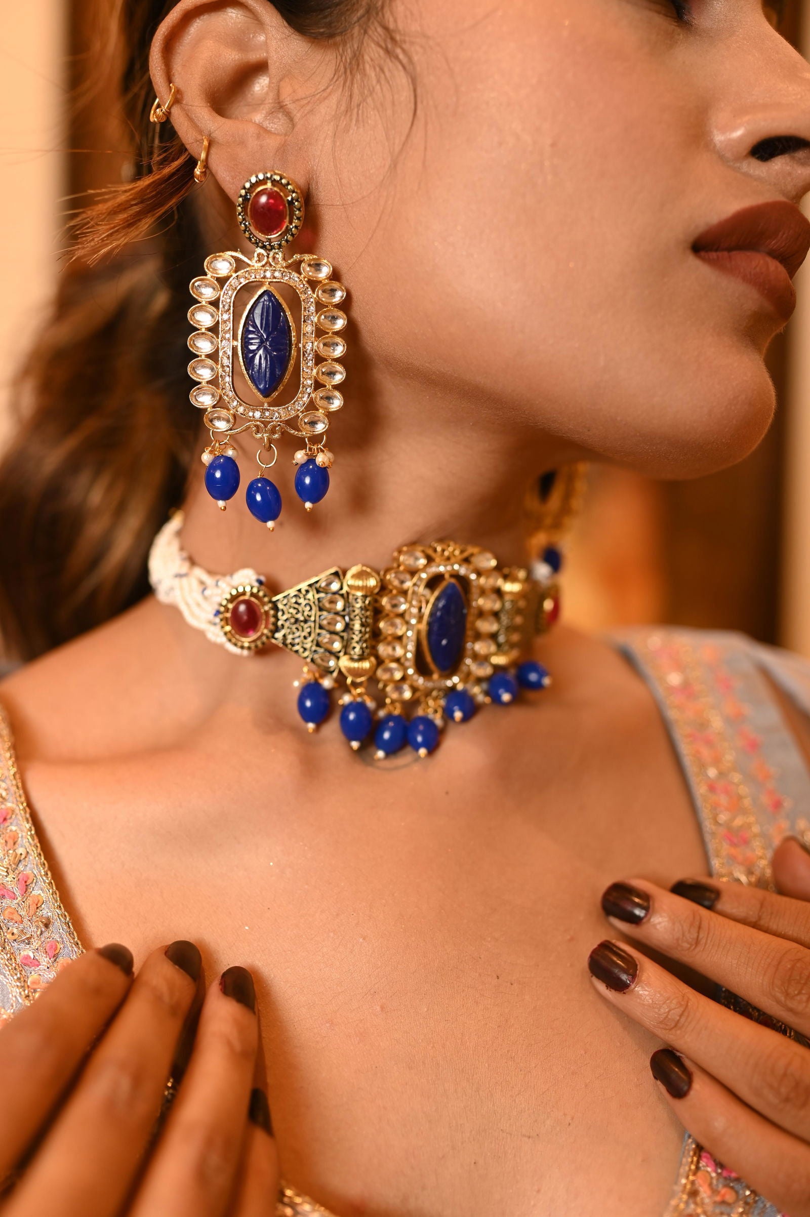 Kundan Blue Beads Choker with Matching Earrings - Mayrake.in