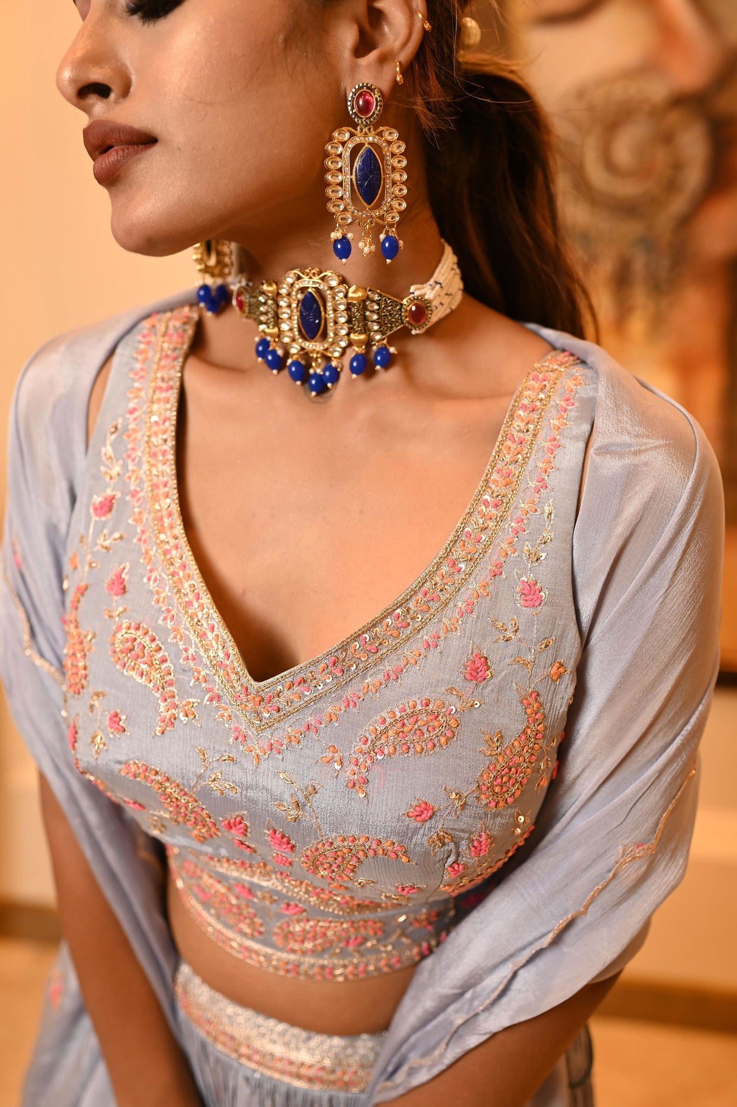 Kundan Blue Beads Choker with Matching Earrings - Mayrake.in