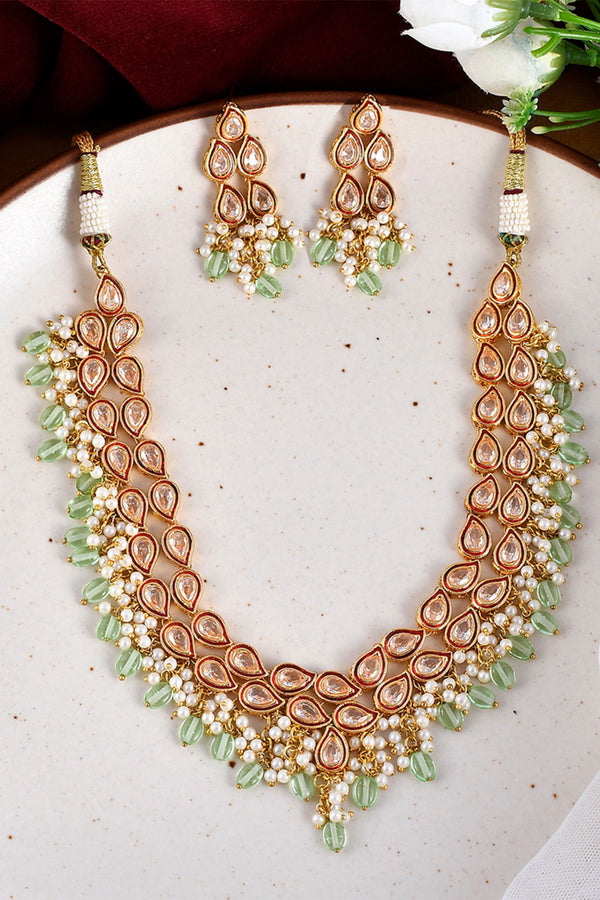 Kundan Necklace with Beads and Pearls - Mayrake