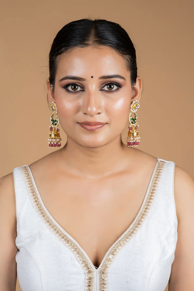 Kundan Work Jhumka with Pearls in Mixed Meta - Mayrake.in